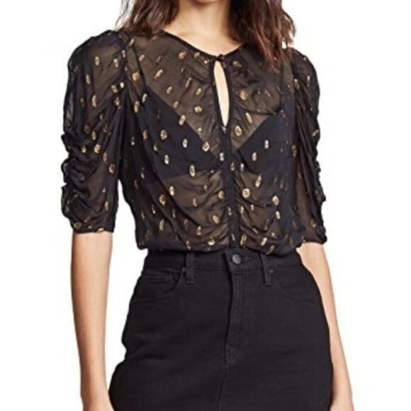 FRAME NWT Shirred Keyhole Top Womens XS in Noir Metallic Gold Sheer Lightweight - Picture 1 of 11